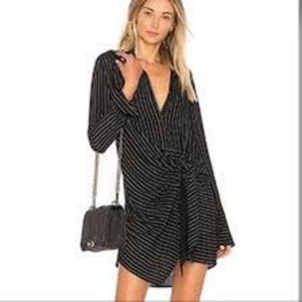 L’Academie black long sleeve pinstripe tie waist shirt dress